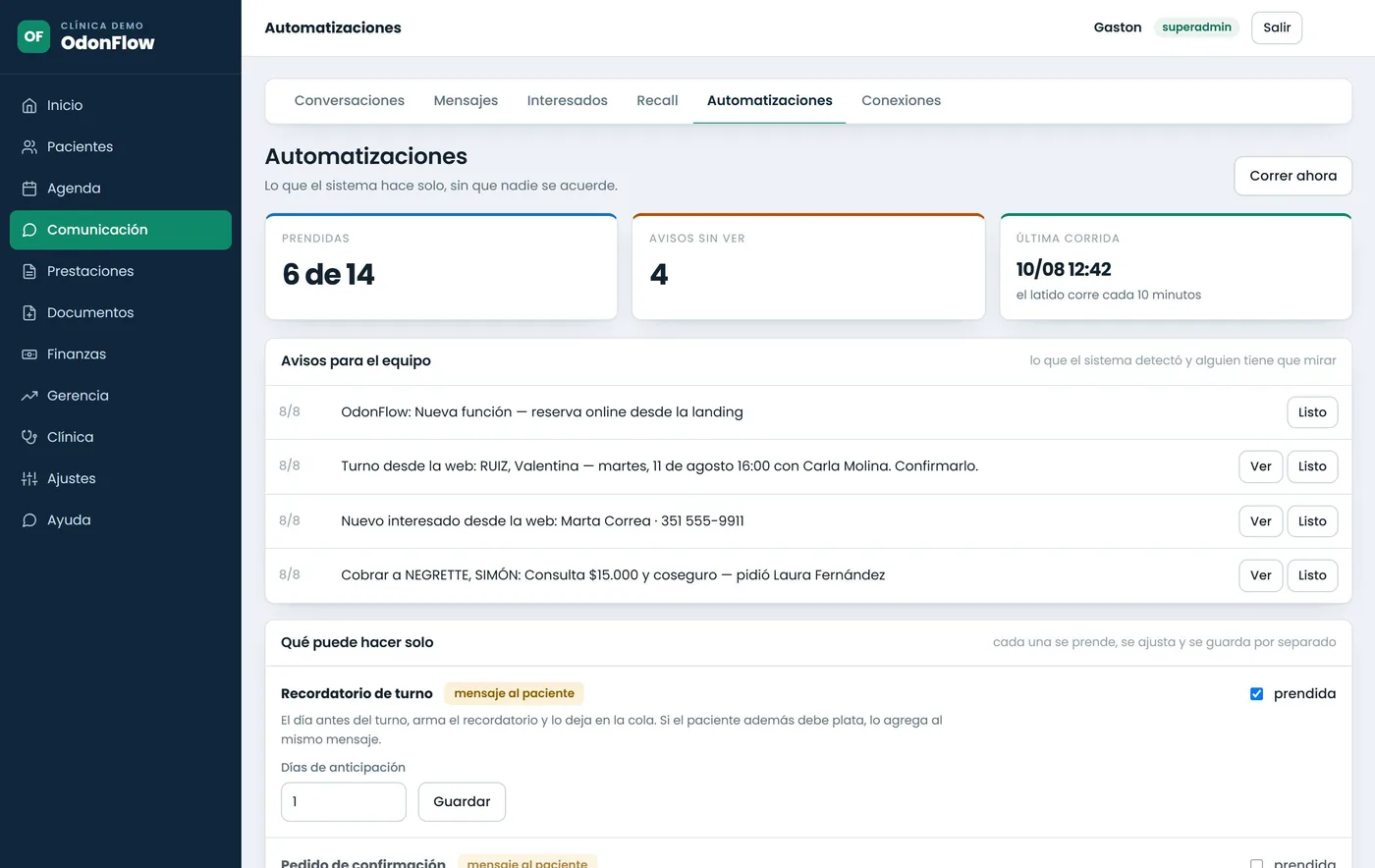 Pantalla de automatizaciones de Odonflow con los avisos para el equipo y cada automatización con su interruptor