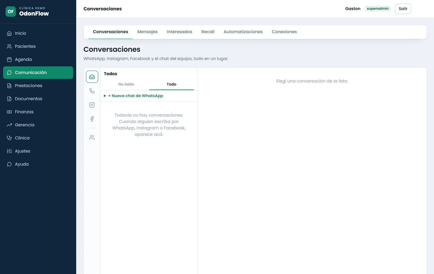 Bandeja de conversaciones de Odonflow con WhatsApp, Instagram y Facebook unificados